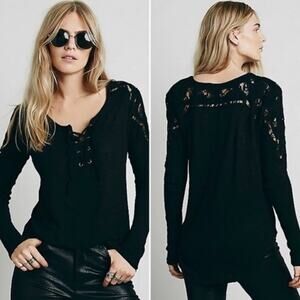 Free People Jennie Embroidered Lace Panel Lace Up Henley - size S